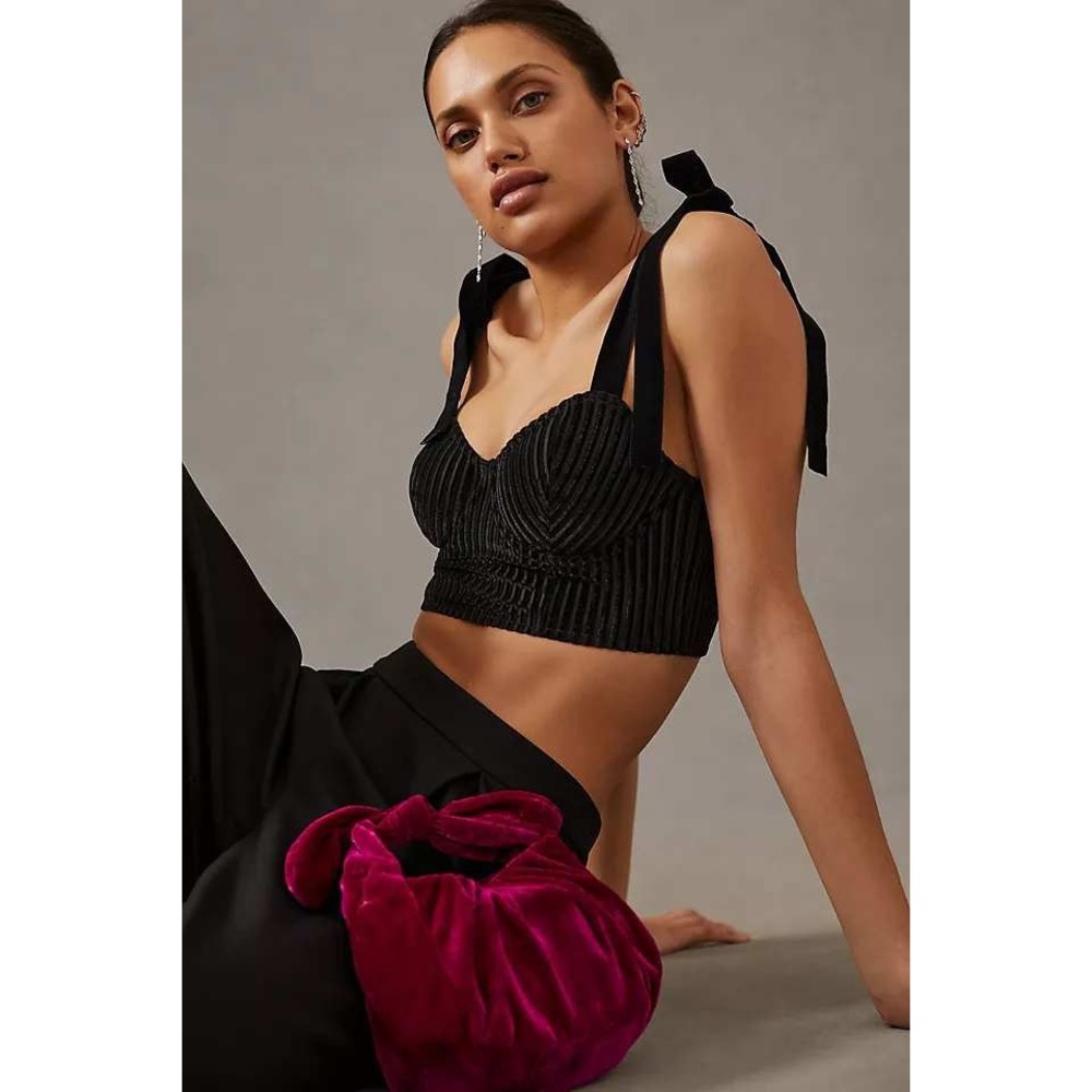 BY ANTHROPOLOGIE Velvet Corset Top Women Large Black Tie Strap Ribbed Crop Tank